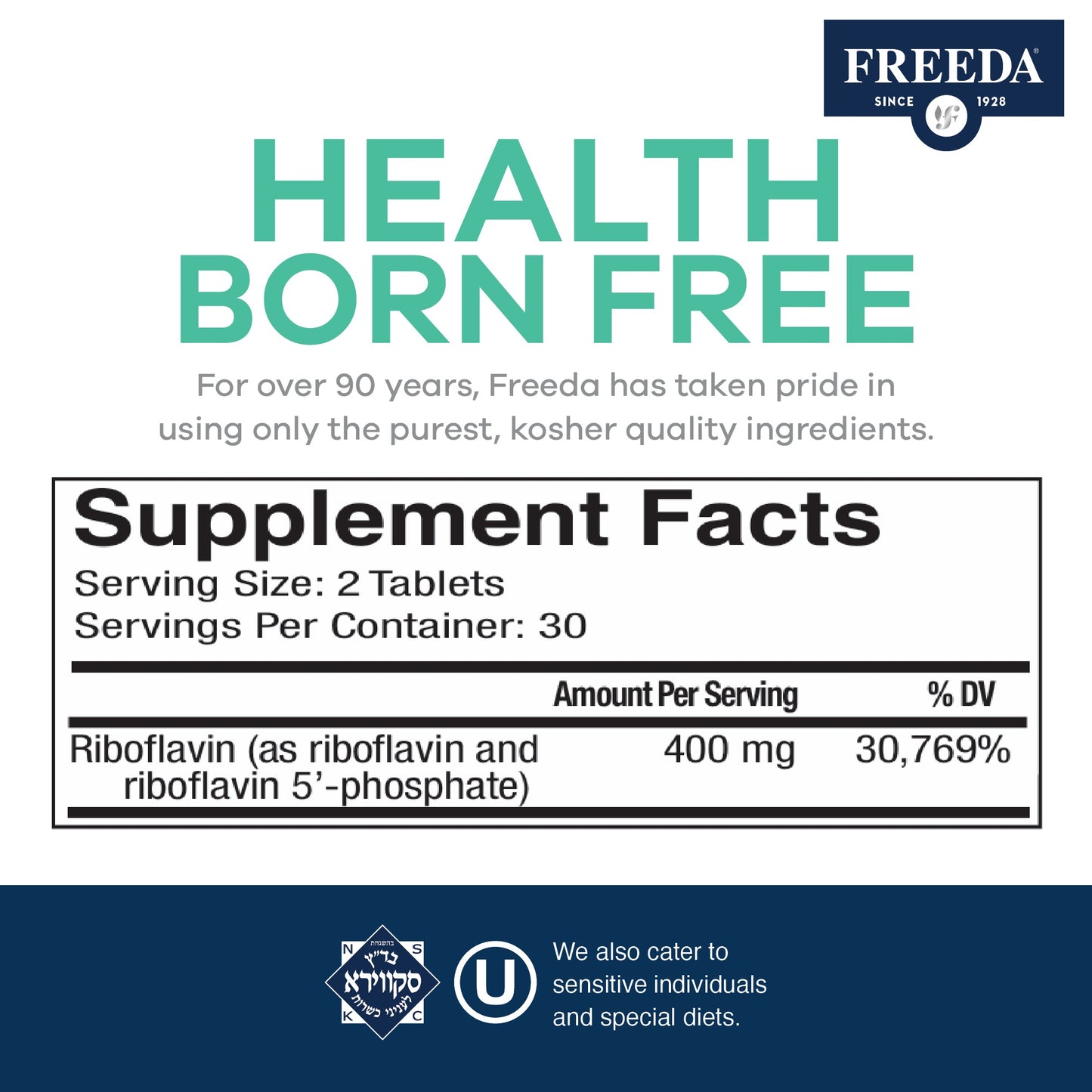 FREEDA Vitamin B2 400 mg (Riboflavin & R-5-P) 60 Tiny Tabs