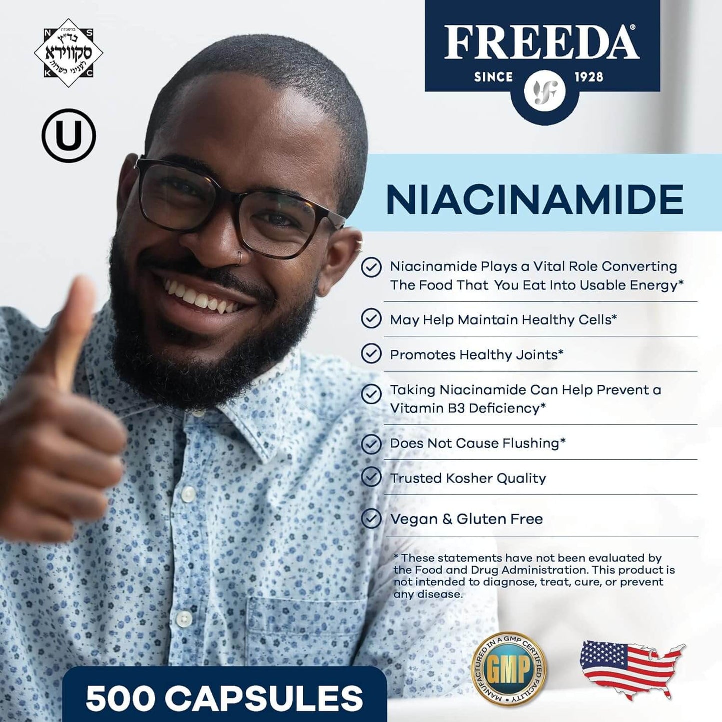 FREEDA  Niacinamide (Vitamin B3) 250 mg - 500 Capsules