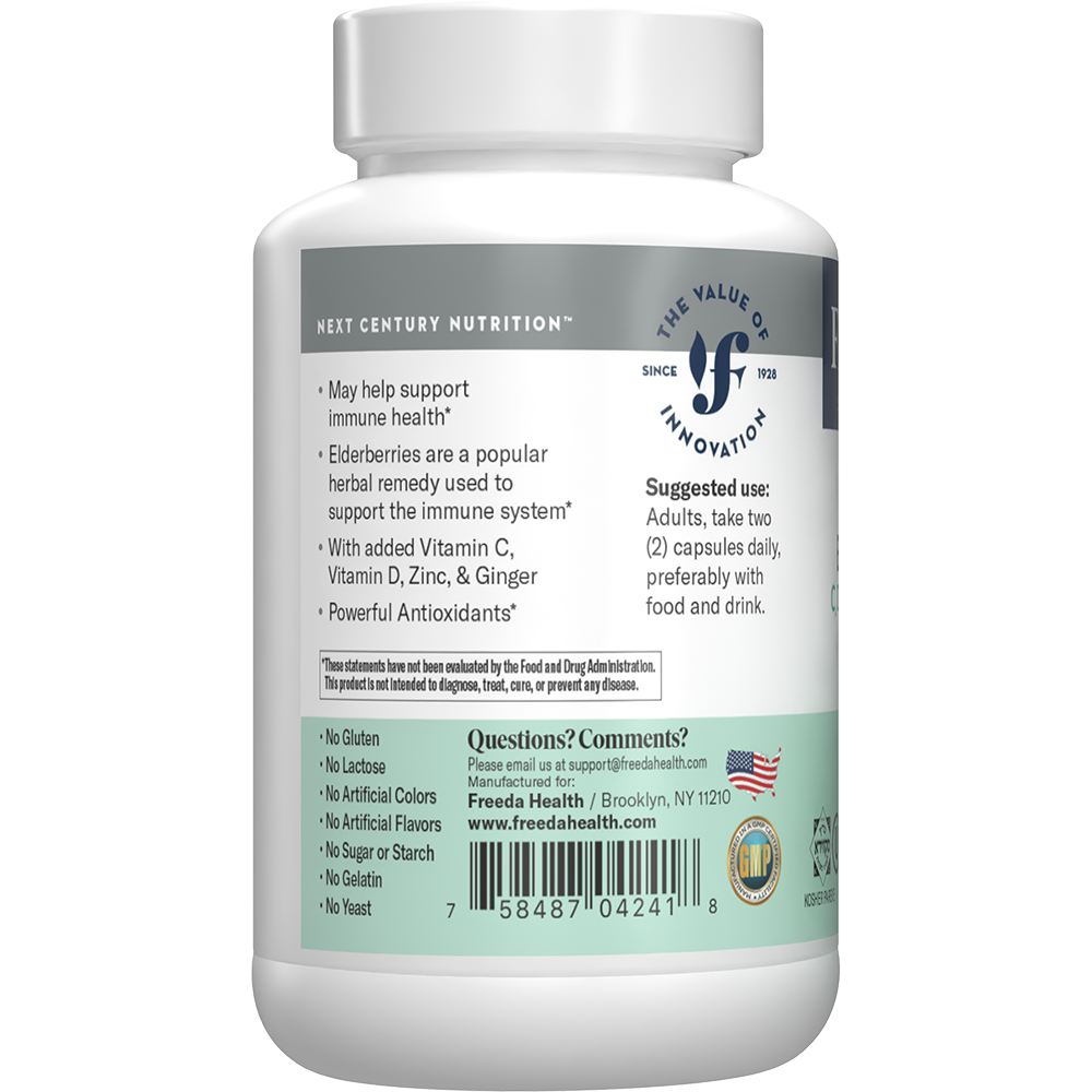 FREEDA  Sambucus Elderberry with Vitamin C, D3, Zinc & Ginger 120 Capsules