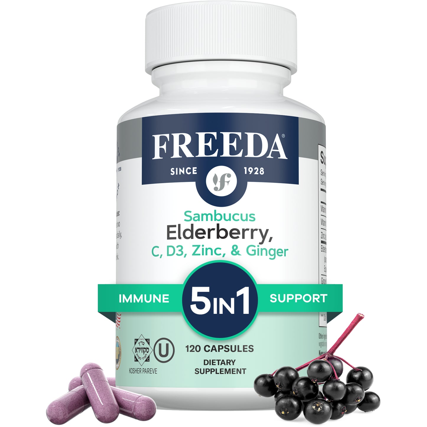 FREEDA  Sambucus Elderberry with Vitamin C, D3, Zinc & Ginger 120 Capsules