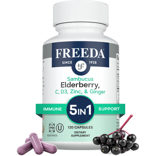FREEDA  Sambucus Elderberry with Vitamin C, D3, Zinc & Ginger 120 Capsules