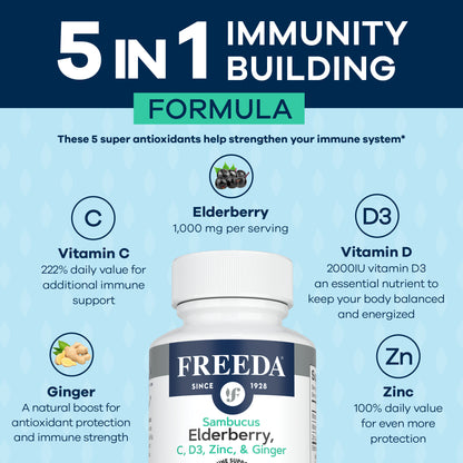 FREEDA  Sambucus Elderberry with Vitamin C, D3, Zinc & Ginger 120 Capsules