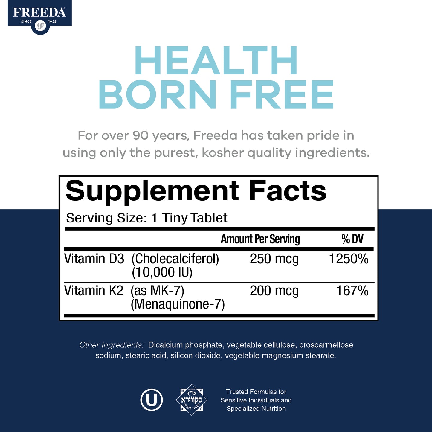 FREEDA  Vitamin D3 10,000 IU & K2 200 mcg, 90 Tiny Tablets