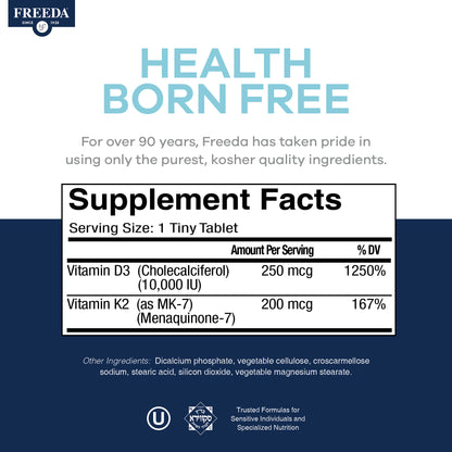 FREEDA  Vitamin D3 10,000 IU & K2 200 mcg, 90 Tiny Tablets